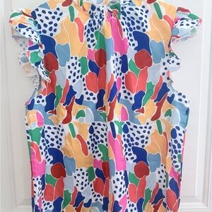 Abstract Multicolor Ruffle-Sleeve Blouse
